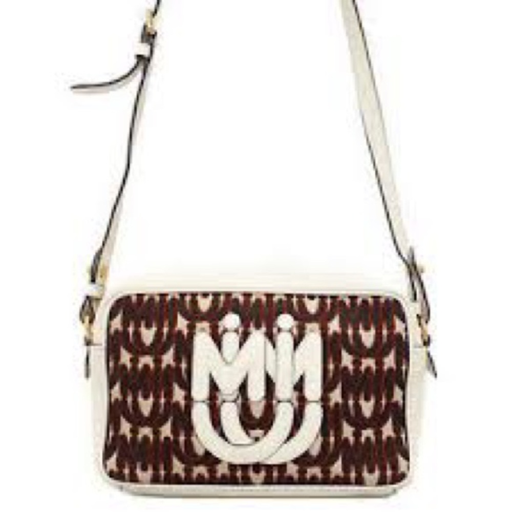 MIU MIU Logo Jacquard Camera Bag Off White Cream Leather & Burgundy Print Canvas